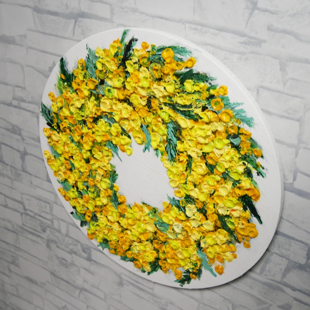 油絵 原画「幸せを呼ぶミモザの輪」ミモザ リース 絵画 花 インテリアアート 一点物 ナチュラルインテリア・北欧風のお部屋に インテリア