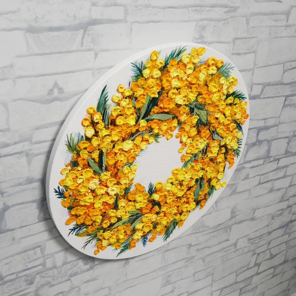 油絵 原画「幸せを呼ぶミモザの輪」ミモザ リース 絵画 花 インテリアアート 一点物 ナチュラルインテリア・北欧風のお部屋に インテリア