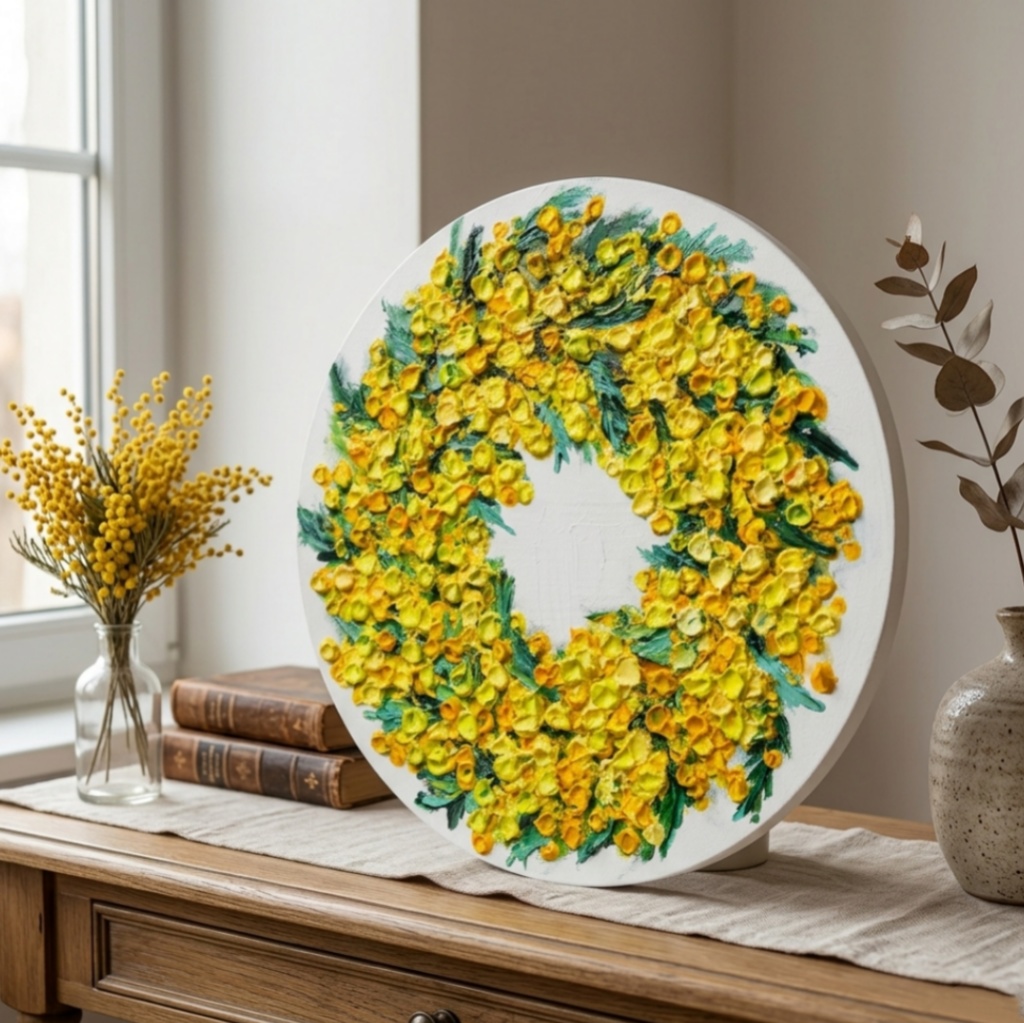 油絵 原画「幸せを呼ぶミモザの輪」ミモザ リース 絵画 花 インテリアアート 一点物 ナチュラルインテリア・北欧風のお部屋に インテリア