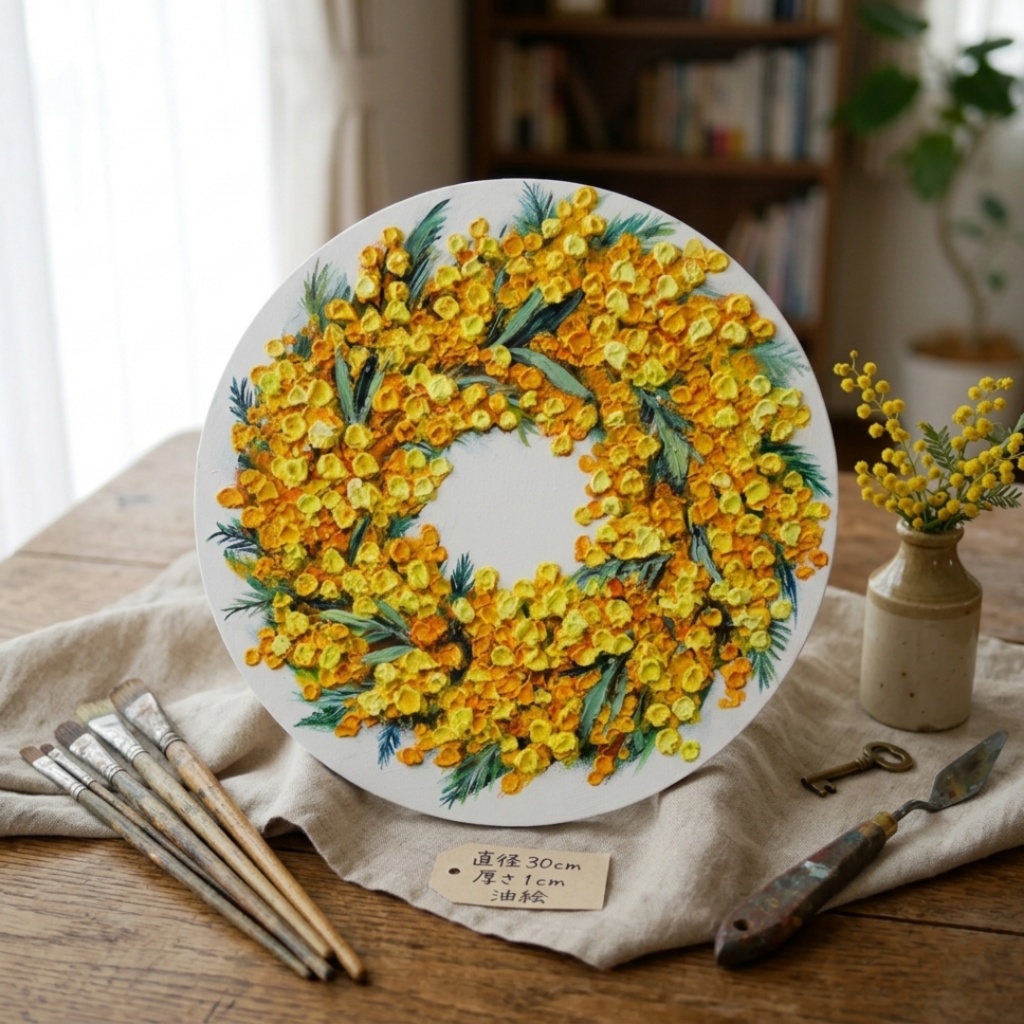 油絵 原画「幸せを呼ぶミモザの輪」ミモザ リース 絵画 花 インテリアアート　一点物　ナチュラルインテリア・北欧風のお部屋に インテリア