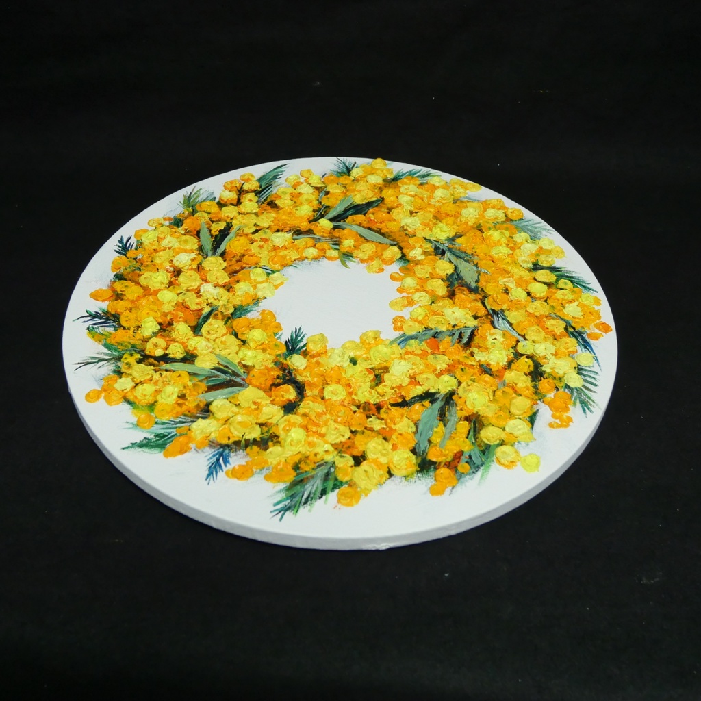 油絵 原画「幸せを呼ぶミモザの輪」ミモザ リース 絵画 花 インテリアアート 一点物 ナチュラルインテリア・北欧風のお部屋に インテリア