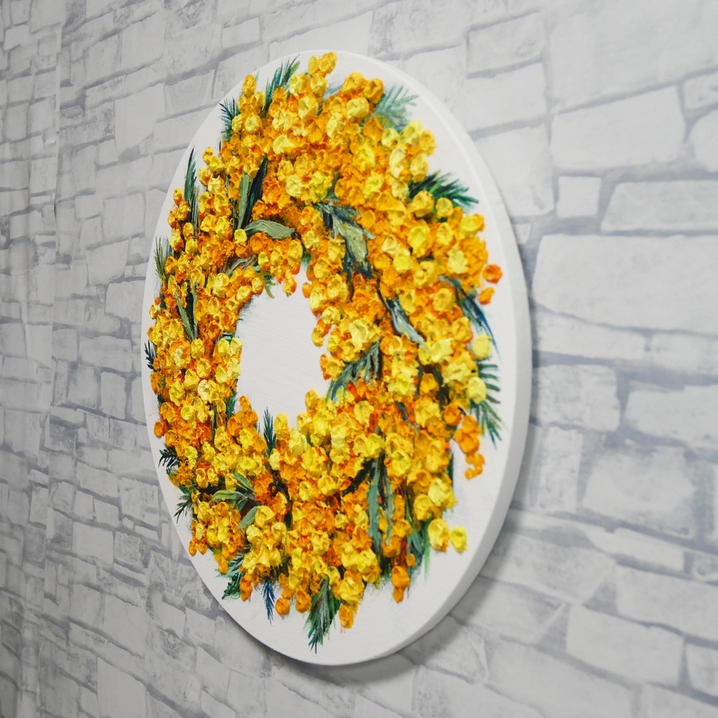 油絵 原画「幸せを呼ぶミモザの輪」ミモザ リース 絵画 花 インテリアアート 一点物 ナチュラルインテリア・北欧風のお部屋に インテリア