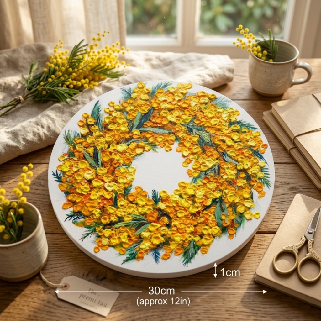 油絵 原画「幸せを呼ぶミモザの輪」ミモザ リース 絵画 花 インテリアアート 一点物 ナチュラルインテリア・北欧風のお部屋に インテリア