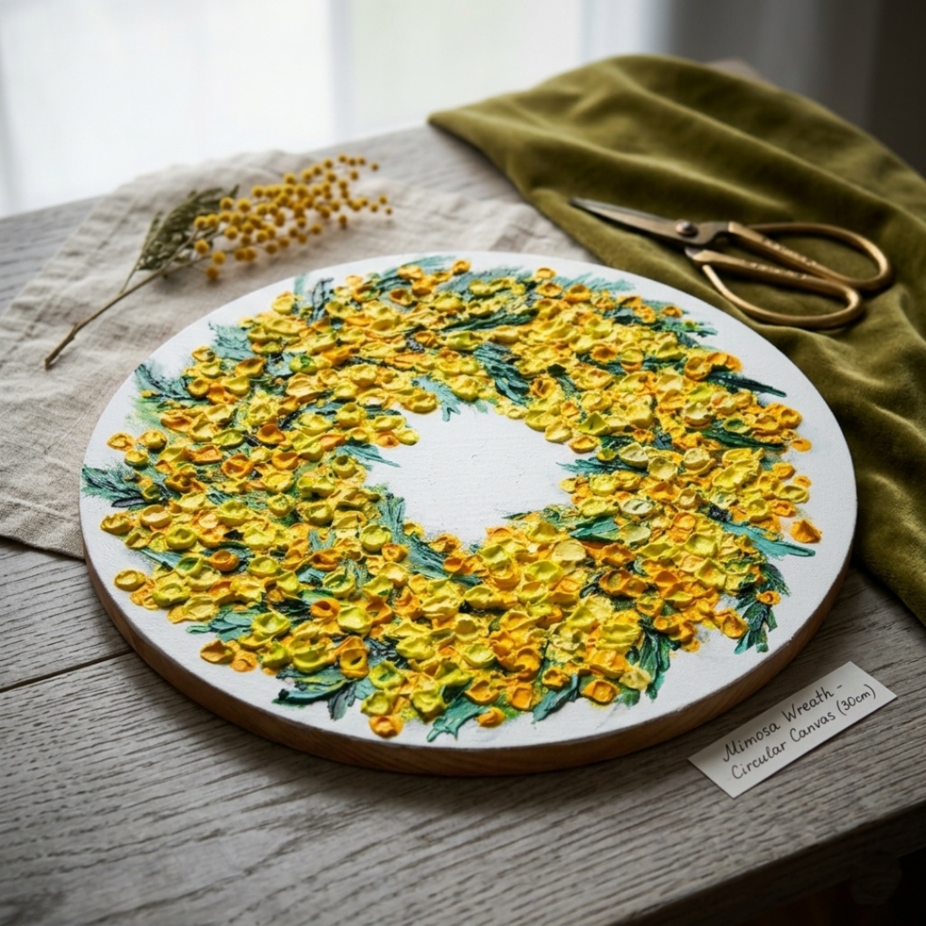 油絵 原画「幸せを呼ぶミモザの輪」ミモザ リース 絵画 花 インテリアアート 一点物 ナチュラルインテリア・北欧風のお部屋に インテリア
