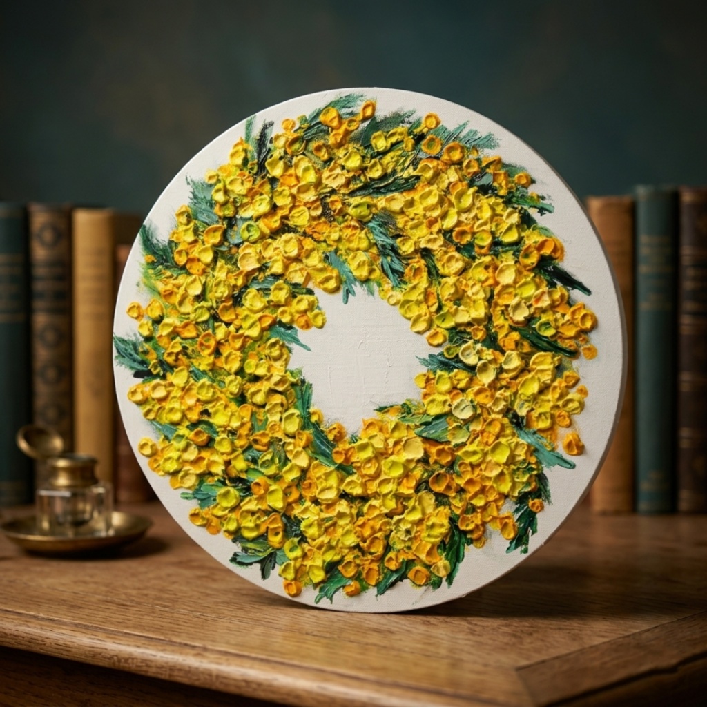 油絵 原画「幸せを呼ぶミモザの輪」ミモザ リース 絵画 花 インテリアアート 一点物 ナチュラルインテリア・北欧風のお部屋に インテリア