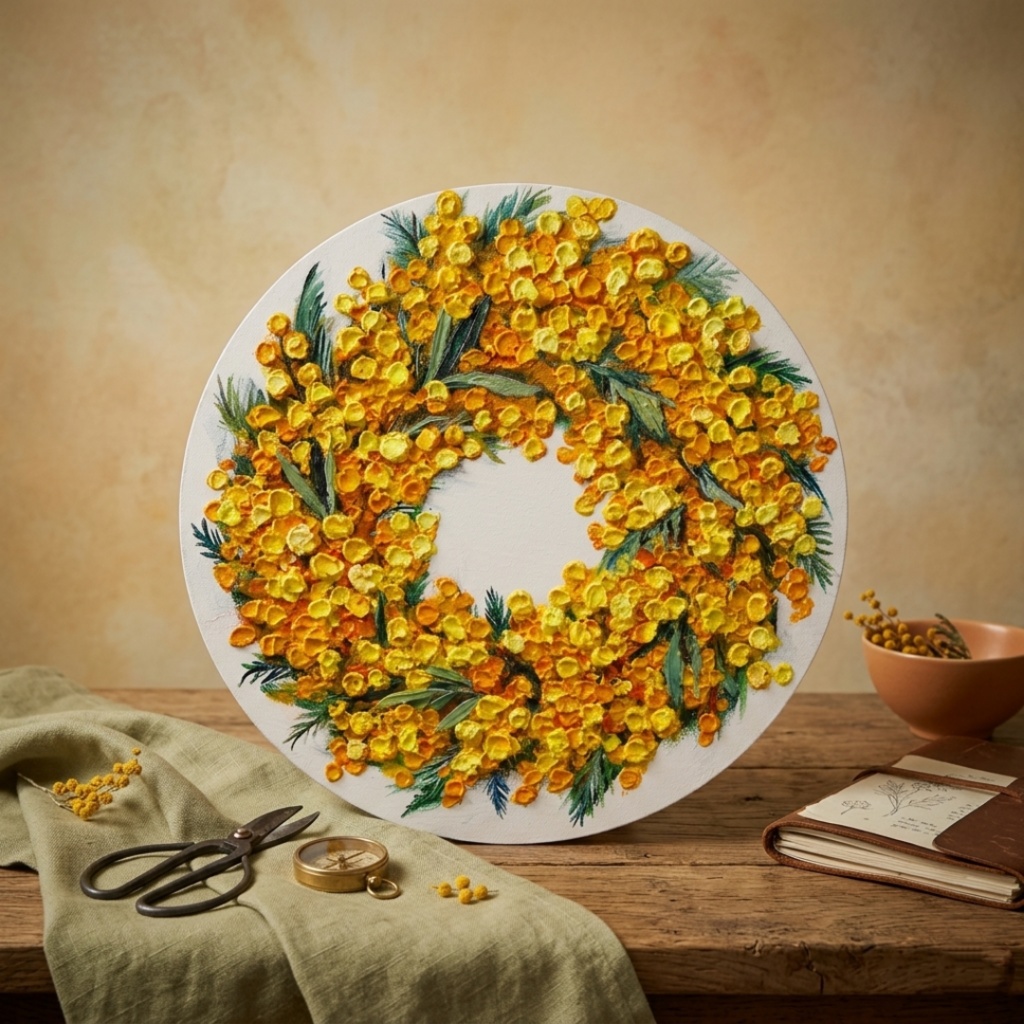 油絵 原画「幸せを呼ぶミモザの輪」ミモザ リース 絵画 花 インテリアアート 一点物 ナチュラルインテリア・北欧風のお部屋に インテリア