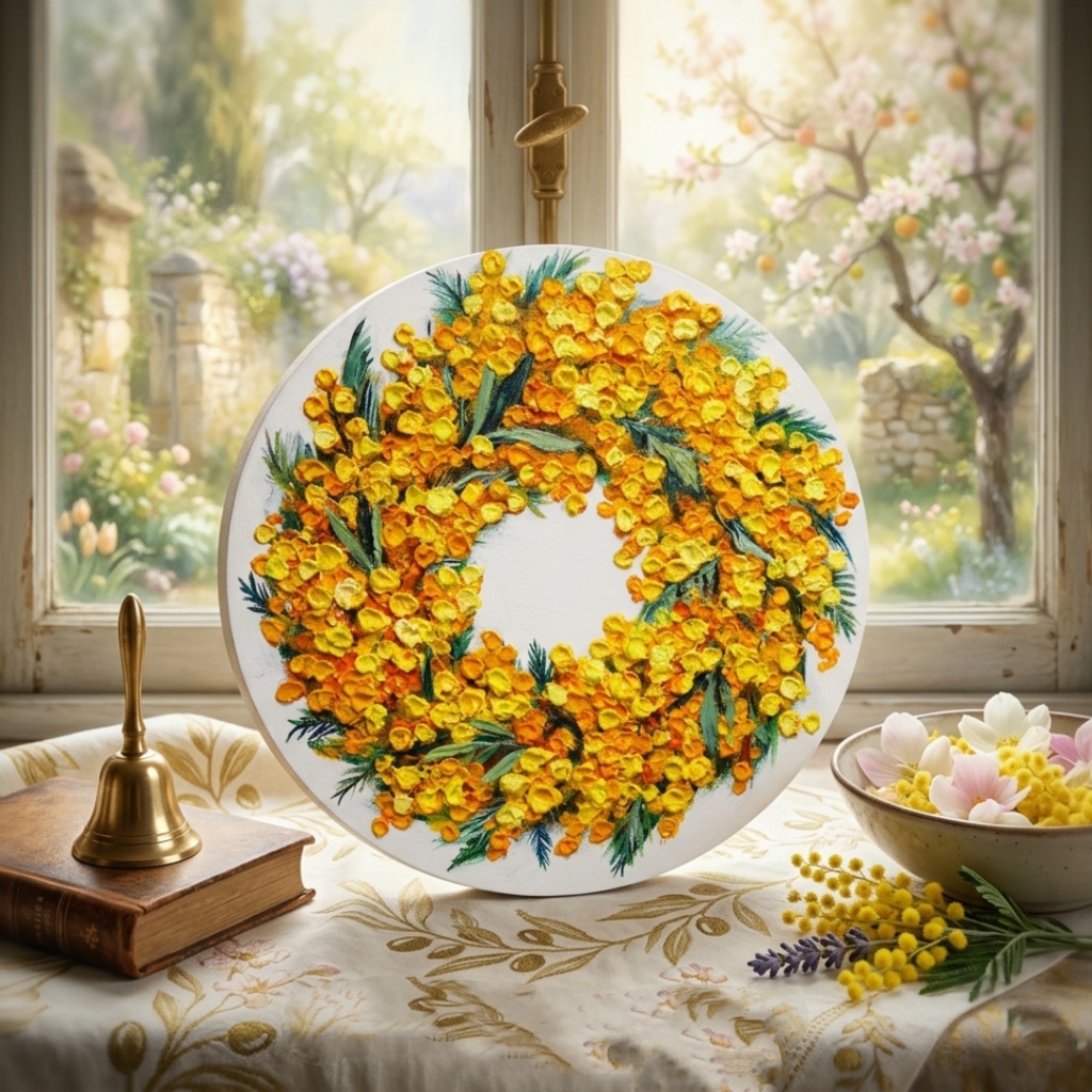 油絵 原画「幸せを呼ぶミモザの輪」ミモザ リース 絵画 花 インテリアアート 一点物 ナチュラルインテリア・北欧風のお部屋に インテリア