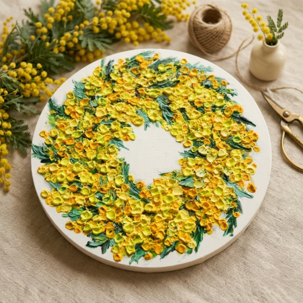 油絵 原画「幸せを呼ぶミモザの輪」ミモザ リース 絵画 花 インテリアアート 一点物 ナチュラルインテリア・北欧風のお部屋に インテリア