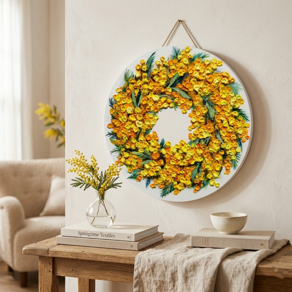 油絵 原画「幸せを呼ぶミモザの輪」ミモザ リース 絵画 花 インテリアアート 一点物 ナチュラルインテリア・北欧風のお部屋に インテリア