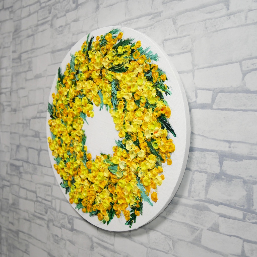 油絵 原画「幸せを呼ぶミモザの輪」ミモザ リース 絵画 花 インテリアアート 一点物 ナチュラルインテリア・北欧風のお部屋に インテリア