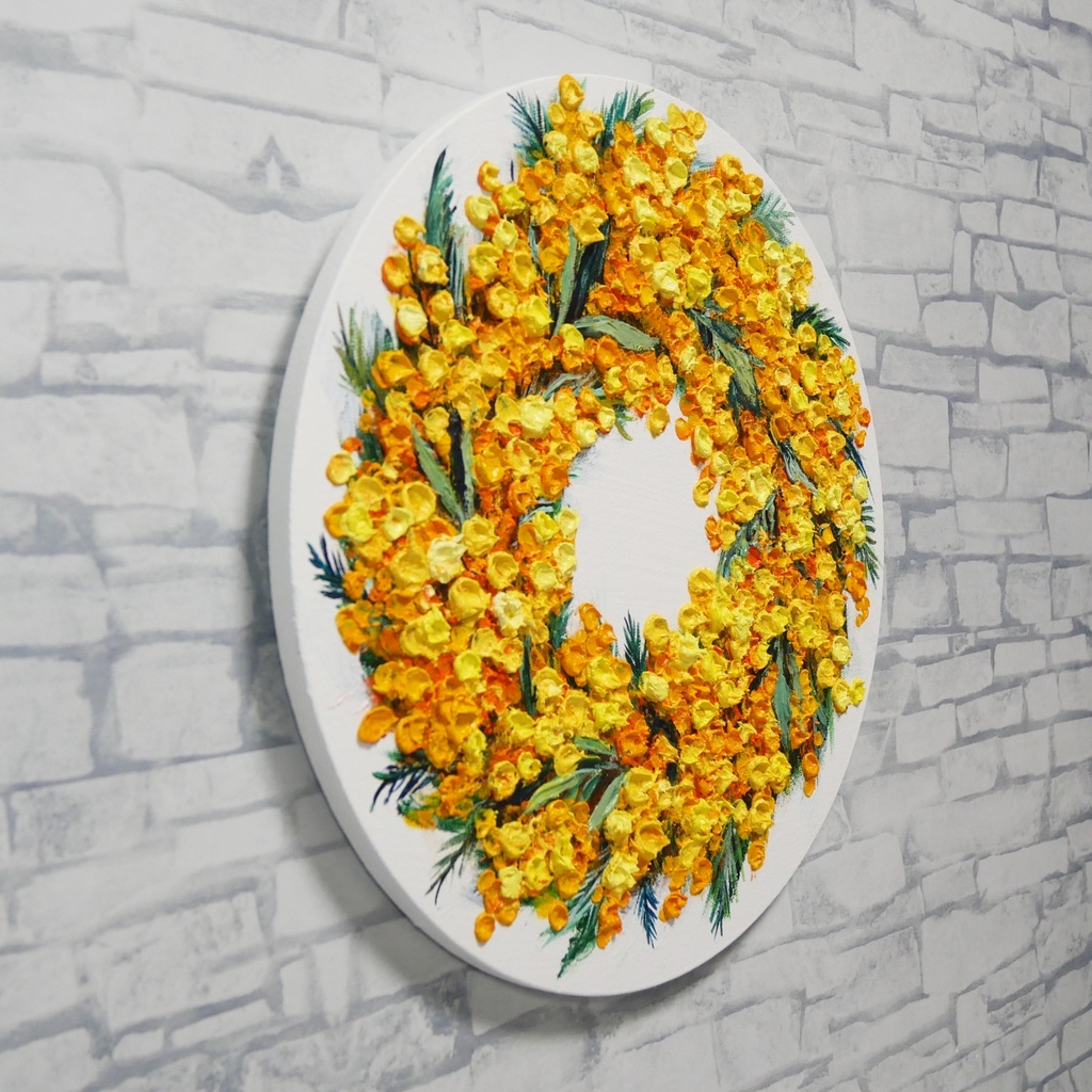 油絵 原画「幸せを呼ぶミモザの輪」ミモザ リース 絵画 花 インテリアアート 一点物 ナチュラルインテリア・北欧風のお部屋に インテリア
