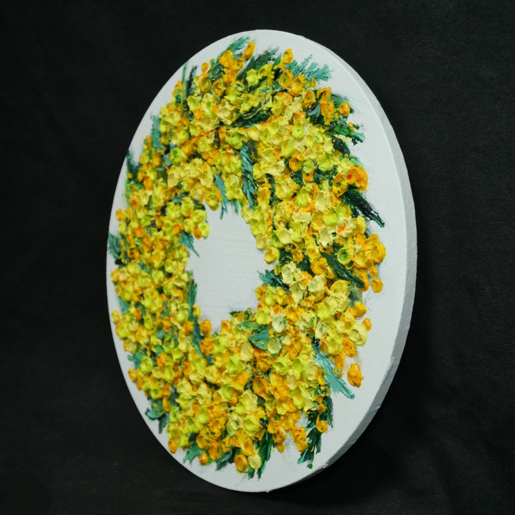 油絵 原画「幸せを呼ぶミモザの輪」ミモザ リース 絵画 花 インテリアアート 一点物 ナチュラルインテリア・北欧風のお部屋に インテリア