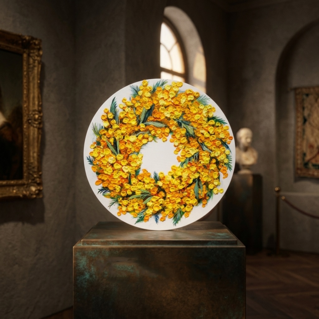 油絵 原画「幸せを呼ぶミモザの輪」ミモザ リース 絵画 花 インテリアアート 一点物 ナチュラルインテリア・北欧風のお部屋に インテリア