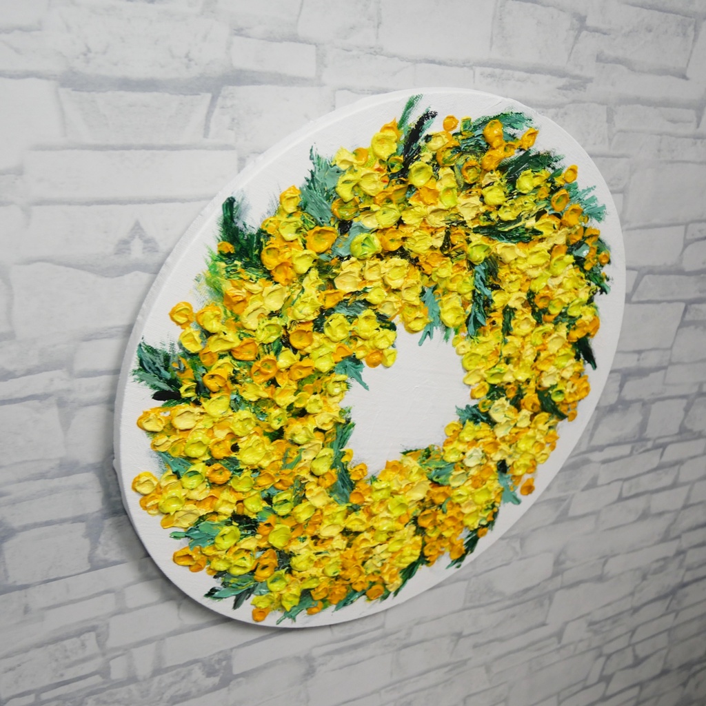 油絵 原画「幸せを呼ぶミモザの輪」ミモザ リース 絵画 花 インテリアアート 一点物 ナチュラルインテリア・北欧風のお部屋に インテリア