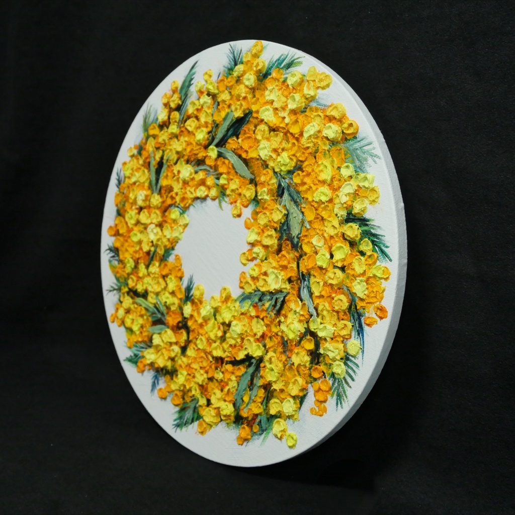 油絵 原画「幸せを呼ぶミモザの輪」ミモザ リース 絵画 花 インテリアアート 一点物 ナチュラルインテリア・北欧風のお部屋に インテリア