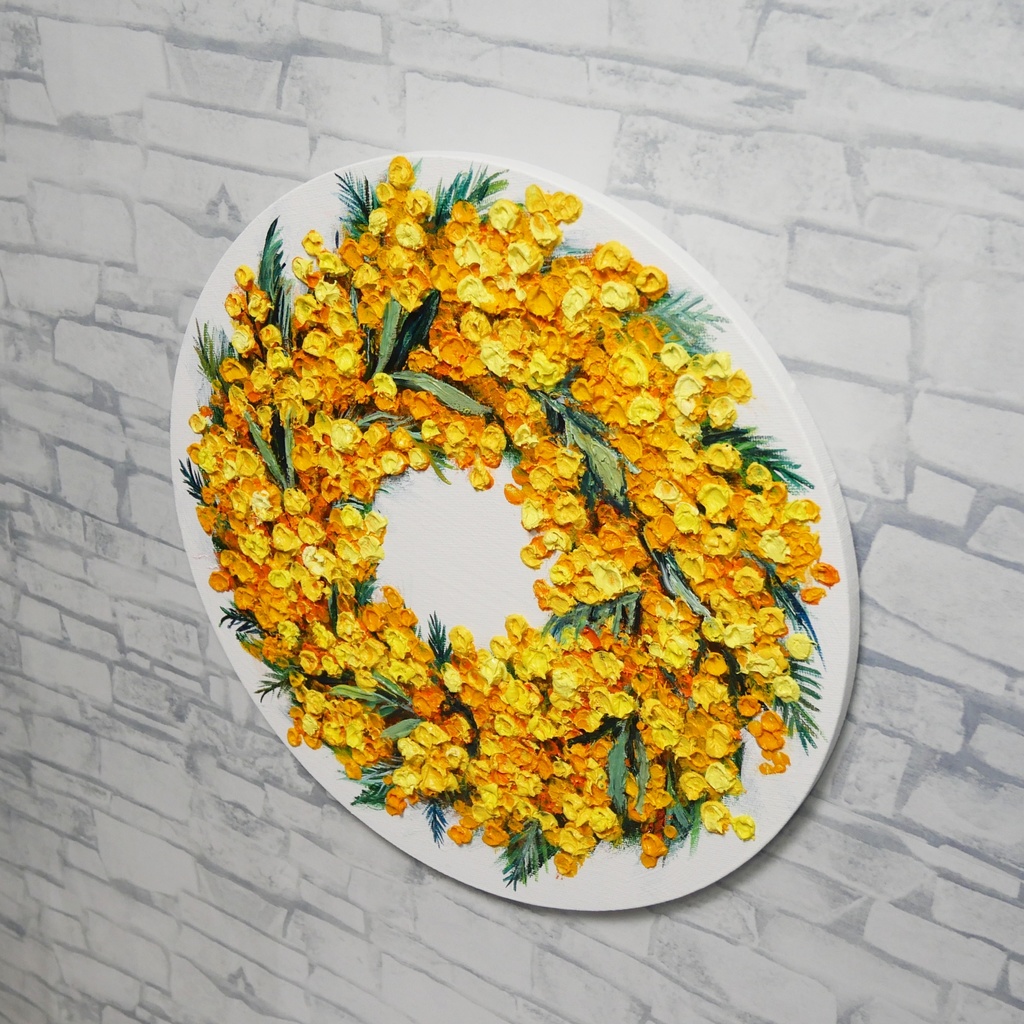 油絵 原画「幸せを呼ぶミモザの輪」ミモザ リース 絵画 花 インテリアアート 一点物 ナチュラルインテリア・北欧風のお部屋に インテリア