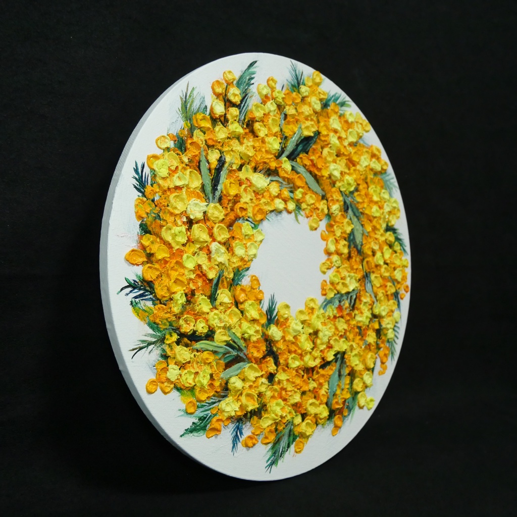 油絵 原画「幸せを呼ぶミモザの輪」ミモザ リース 絵画 花 インテリアアート 一点物 ナチュラルインテリア・北欧風のお部屋に インテリア