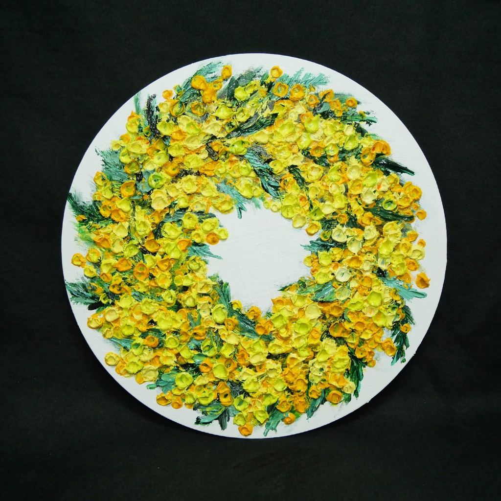 油絵 原画「幸せを呼ぶミモザの輪」ミモザ リース 絵画 花 インテリアアート 一点物 ナチュラルインテリア・北欧風のお部屋に インテリア
