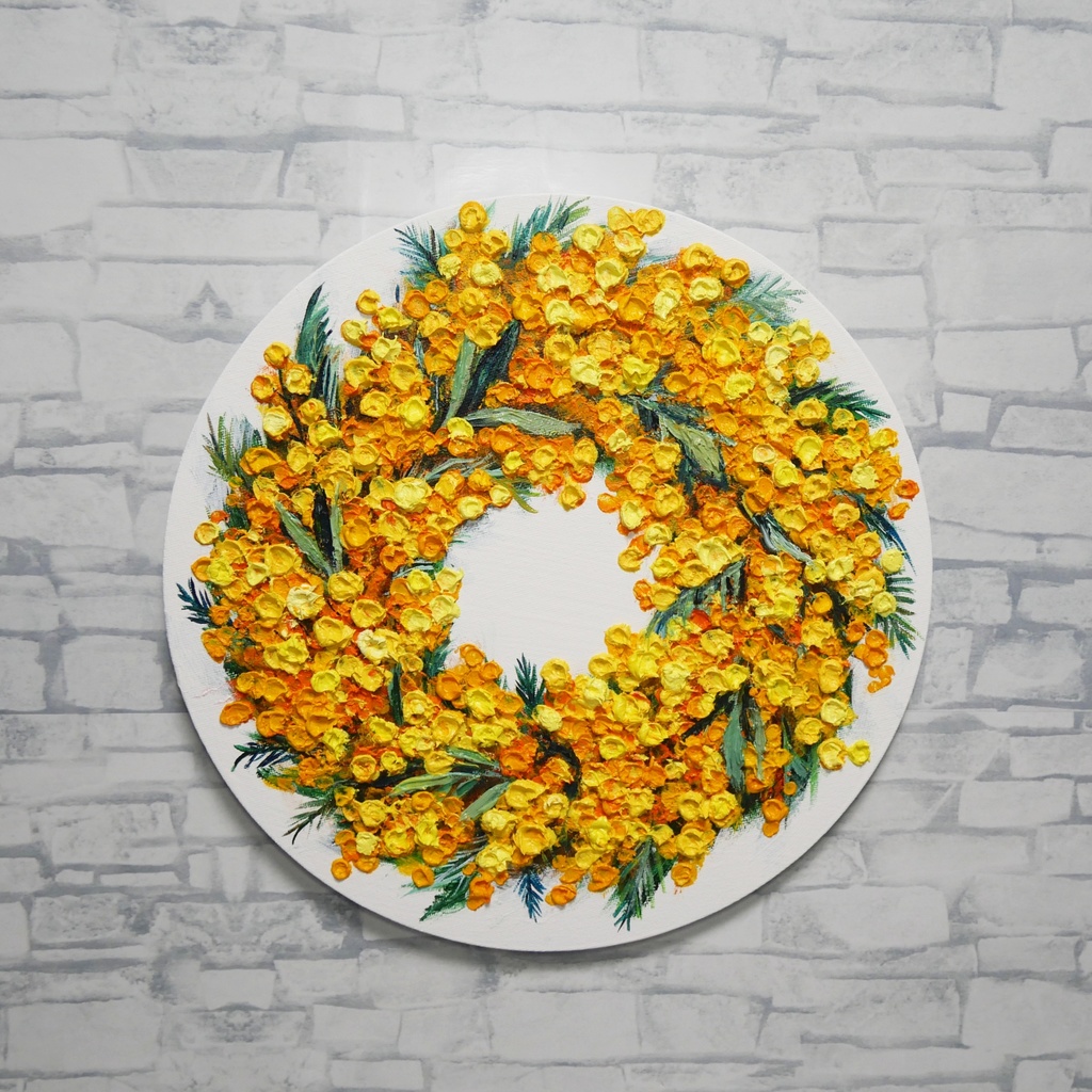 油絵 原画「幸せを呼ぶミモザの輪」ミモザ リース 絵画 花 インテリアアート 一点物 ナチュラルインテリア・北欧風のお部屋に インテリア