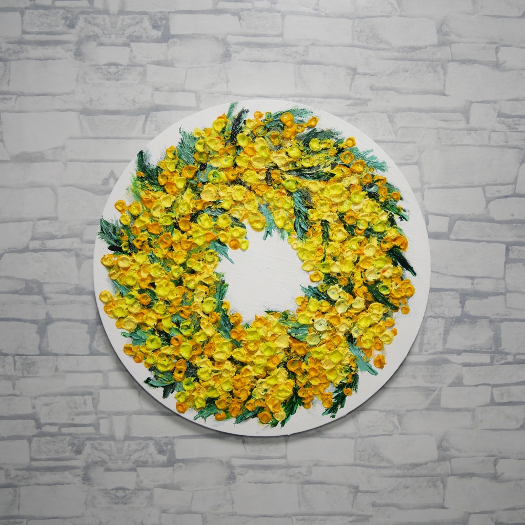 油絵 原画「幸せを呼ぶミモザの輪」ミモザ リース 絵画 花 インテリアアート 一点物 ナチュラルインテリア・北欧風のお部屋に インテリア