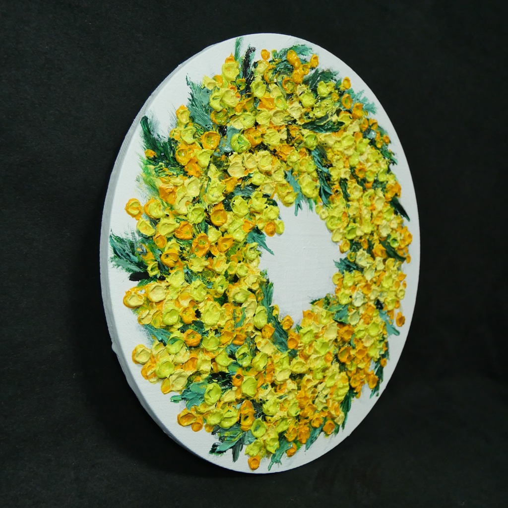 油絵 原画「幸せを呼ぶミモザの輪」ミモザ リース 絵画 花 インテリアアート 一点物 ナチュラルインテリア・北欧風のお部屋に インテリア