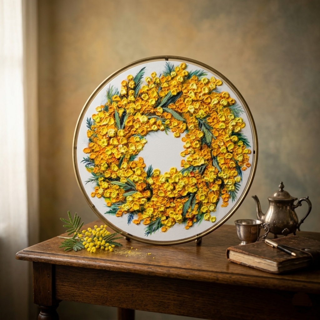 油絵 原画「幸せを呼ぶミモザの輪」ミモザ リース 絵画 花 インテリアアート 一点物 ナチュラルインテリア・北欧風のお部屋に インテリア