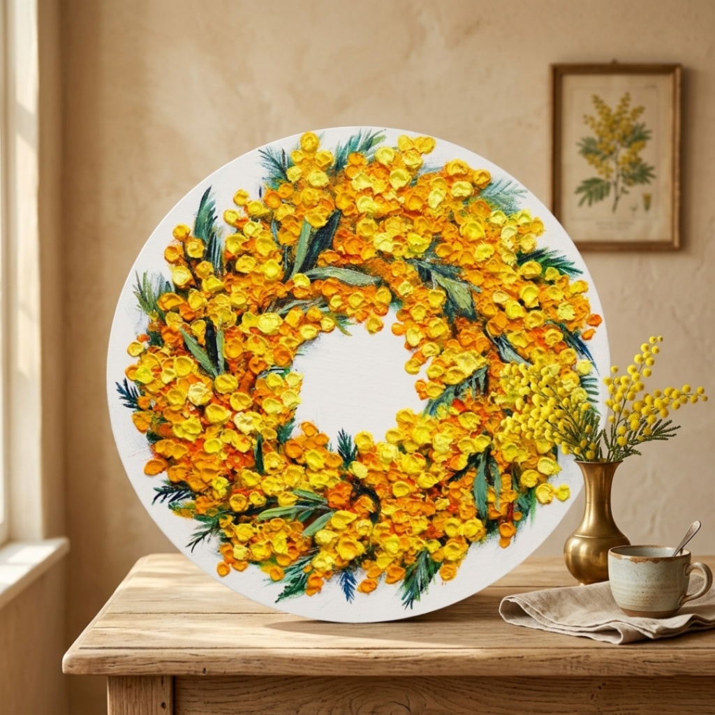 油絵 原画「幸せを呼ぶミモザの輪」ミモザ リース 絵画 花 インテリアアート 一点物 ナチュラルインテリア・北欧風のお部屋に インテリア