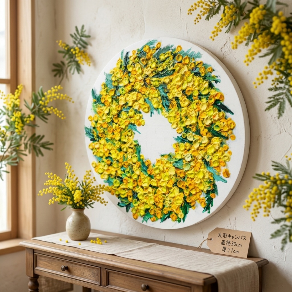 油絵 原画「幸せを呼ぶミモザの輪」ミモザ リース 絵画 花 インテリアアート 一点物 ナチュラルインテリア・北欧風のお部屋に インテリア