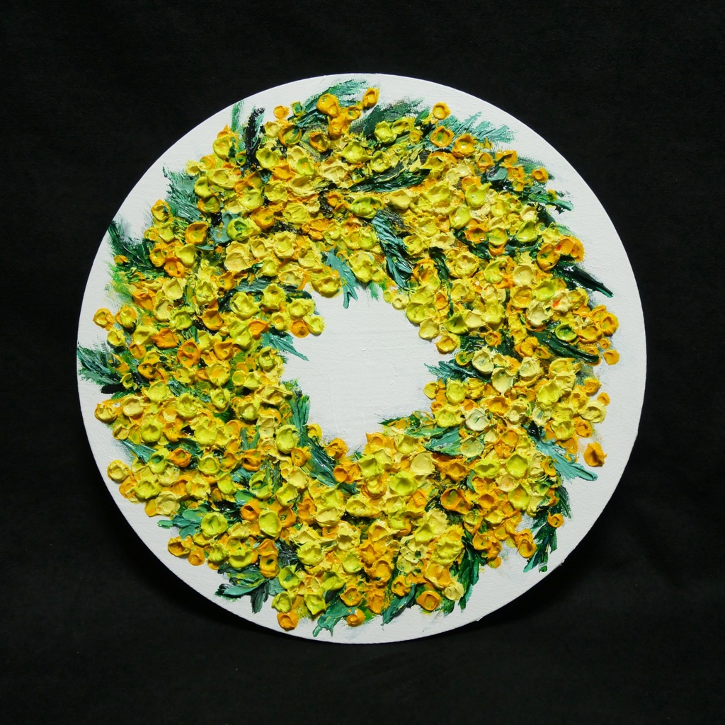 油絵 原画「幸せを呼ぶミモザの輪」ミモザ リース 絵画 花 インテリアアート 一点物 ナチュラルインテリア・北欧風のお部屋に インテリア