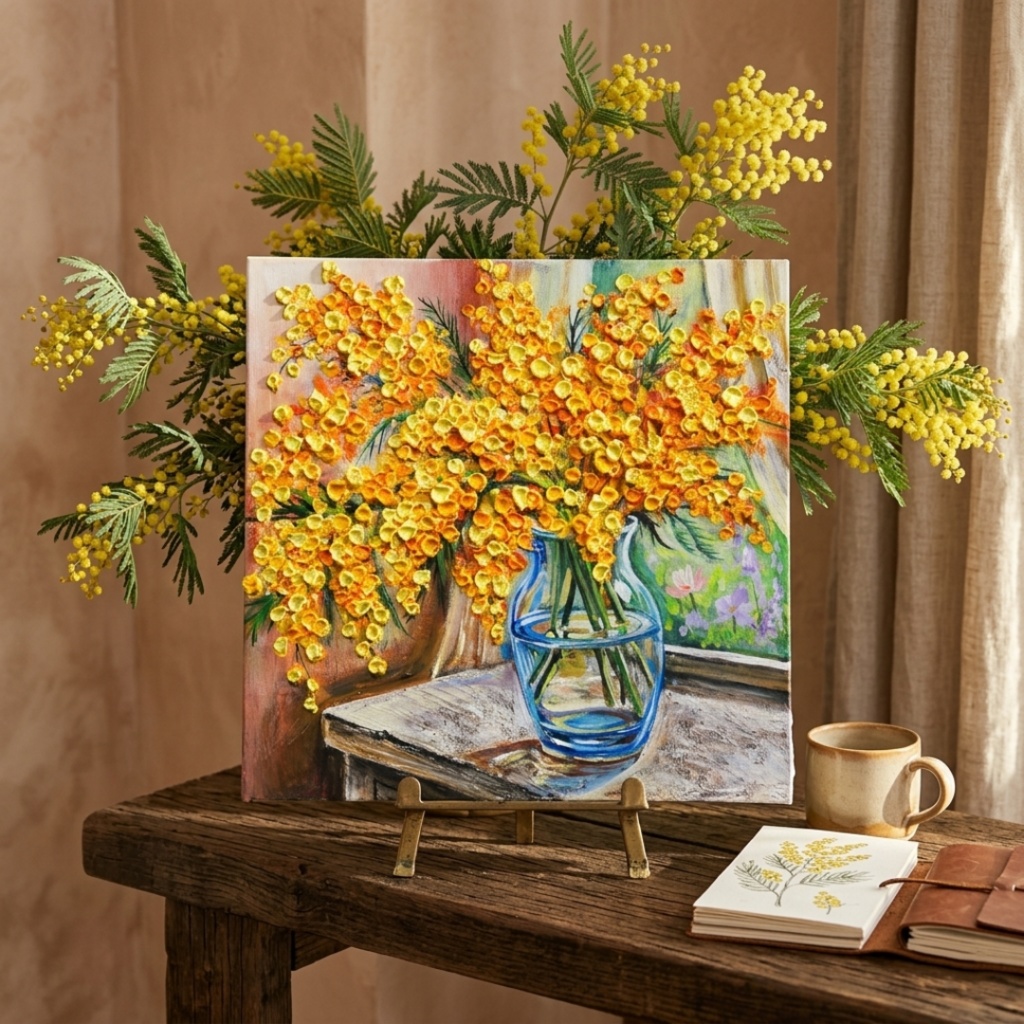 【原画】【幸運を運ぶミモザ】: 玄関やリビングに飾る癒やしの花・油絵 ・油彩画・肉筆・インテリア・一点物