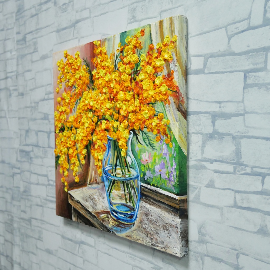【原画】【幸運を運ぶミモザ】: 玄関やリビングに飾る癒やしの花・油絵 ・油彩画・肉筆・インテリア・一点物