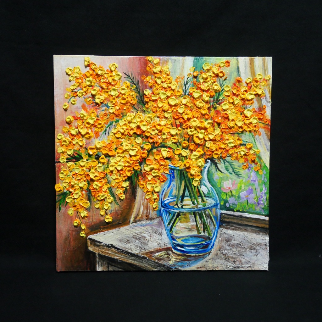【原画】【幸運を運ぶミモザ】: 玄関やリビングに飾る癒やしの花・油絵 ・油彩画・肉筆・インテリア・一点物