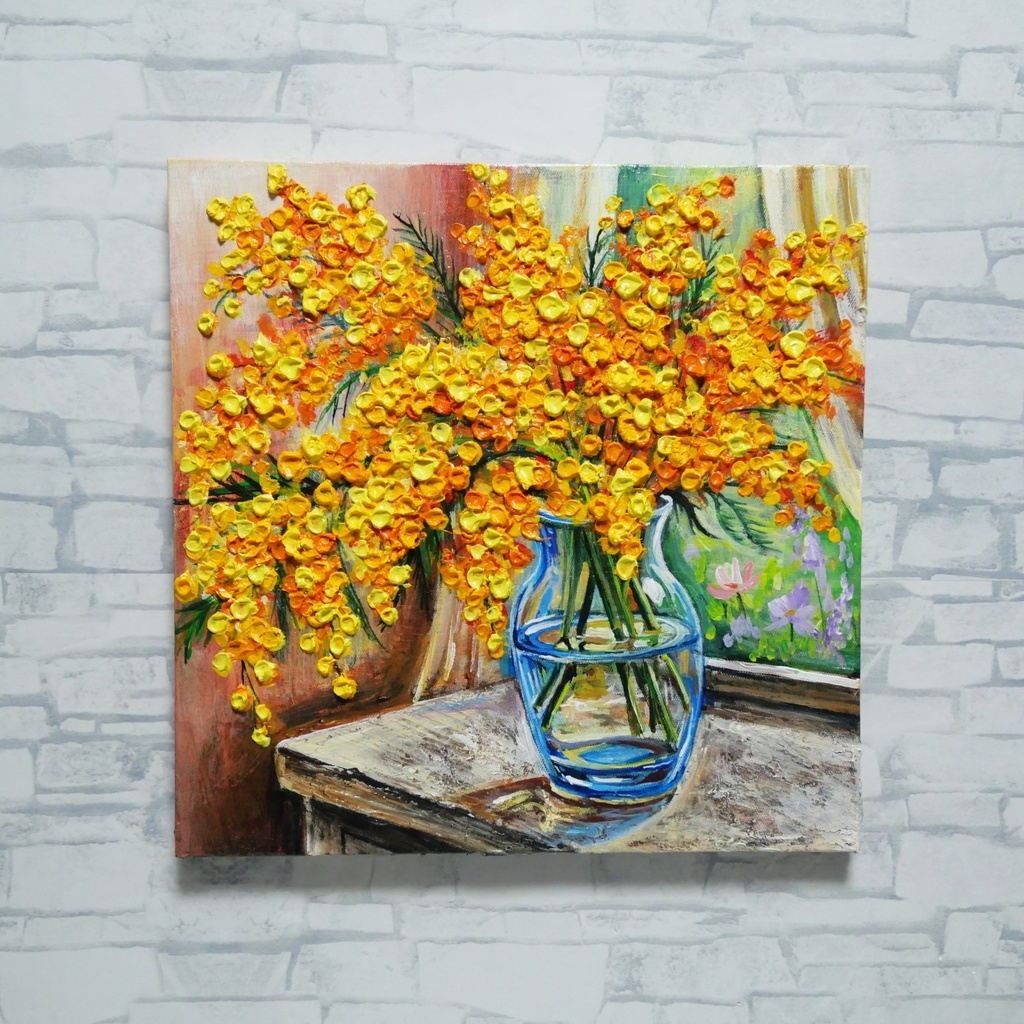 【原画】【幸運を運ぶミモザ】: 玄関やリビングに飾る癒やしの花・油絵 ・油彩画・肉筆・インテリア・一点物