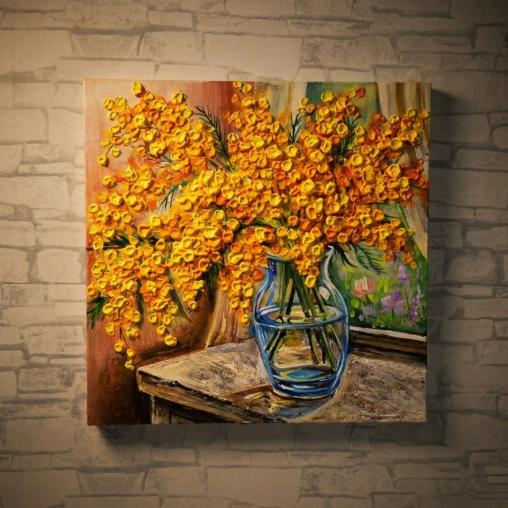 【原画】【幸運を運ぶミモザ】: 玄関やリビングに飾る癒やしの花・油絵 ・油彩画・肉筆・インテリア・一点物