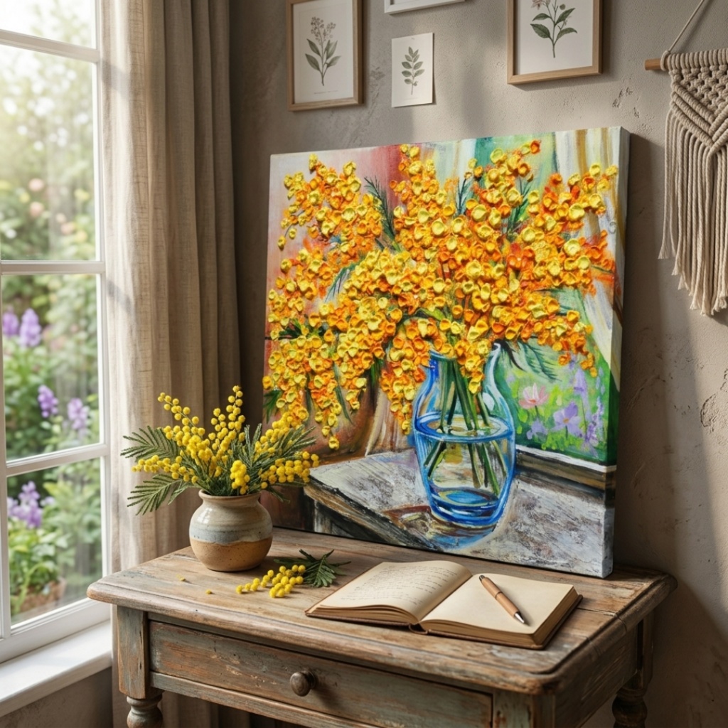 【原画】【幸運を運ぶミモザ】: 玄関やリビングに飾る癒やしの花・油絵 ・油彩画・肉筆・インテリア・一点物