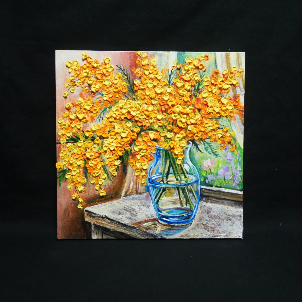 【原画】【幸運を運ぶミモザ】: 玄関やリビングに飾る癒やしの花・油絵 ・油彩画・肉筆・インテリア・一点物