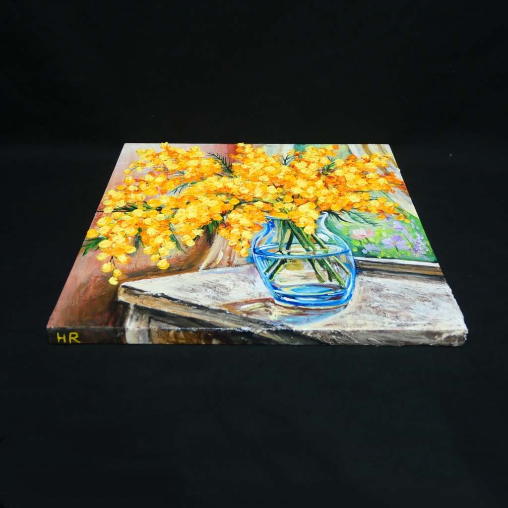 【原画】【幸運を運ぶミモザ】: 玄関やリビングに飾る癒やしの花・油絵 ・油彩画・肉筆・インテリア・一点物