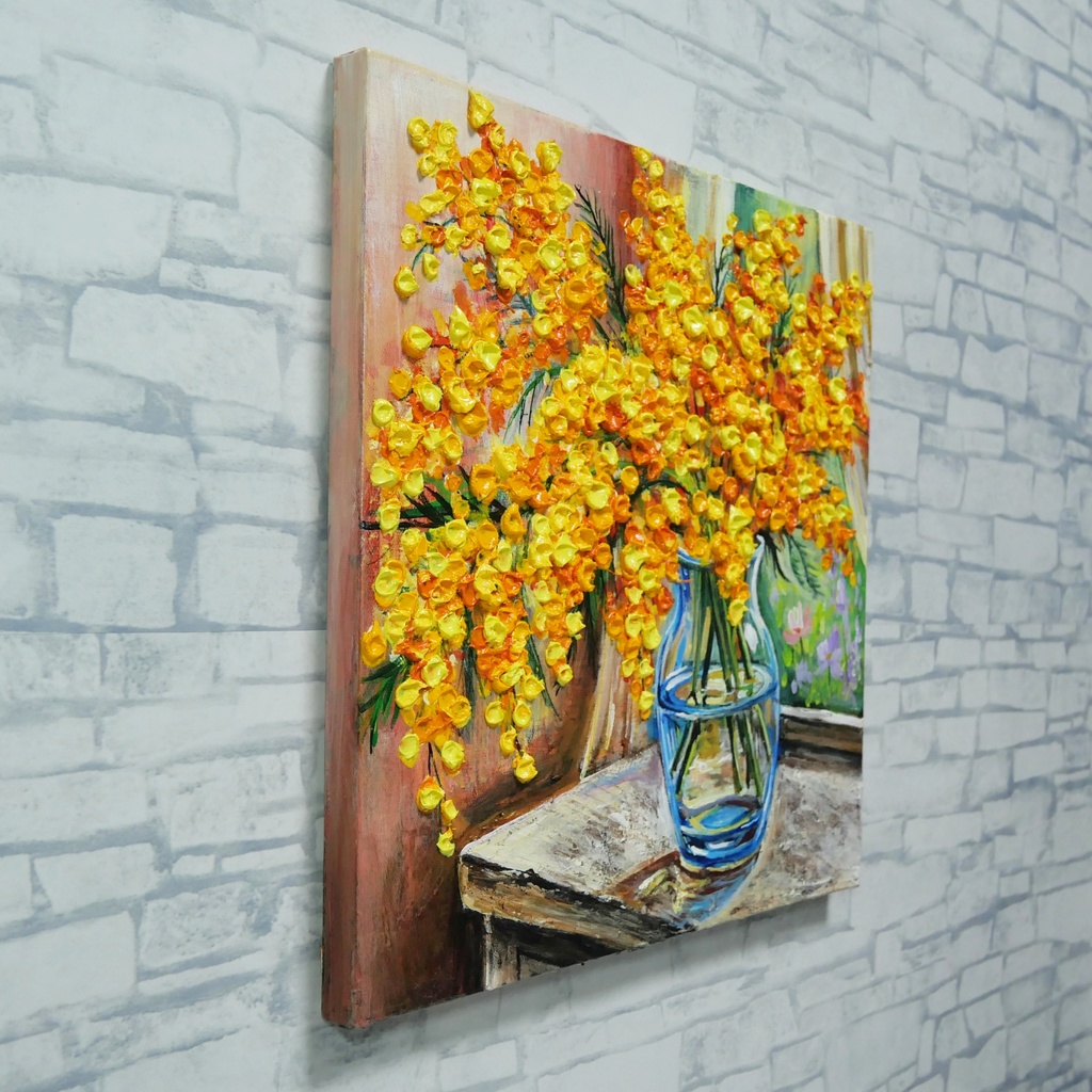 【原画】【幸運を運ぶミモザ】: 玄関やリビングに飾る癒やしの花・油絵 ・油彩画・肉筆・インテリア・一点物