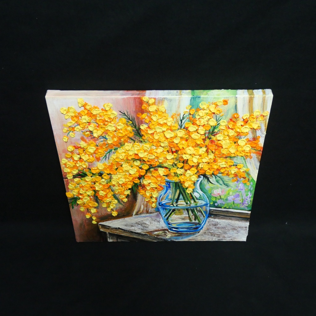 【原画】【幸運を運ぶミモザ】: 玄関やリビングに飾る癒やしの花・油絵 ・油彩画・肉筆・インテリア・一点物
