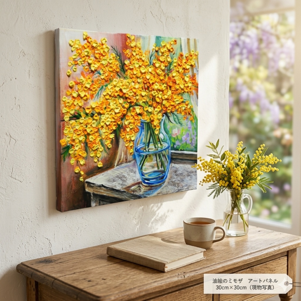 【原画】【幸運を運ぶミモザ】: 玄関やリビングに飾る癒やしの花・油絵 ・油彩画・肉筆・インテリア・一点物