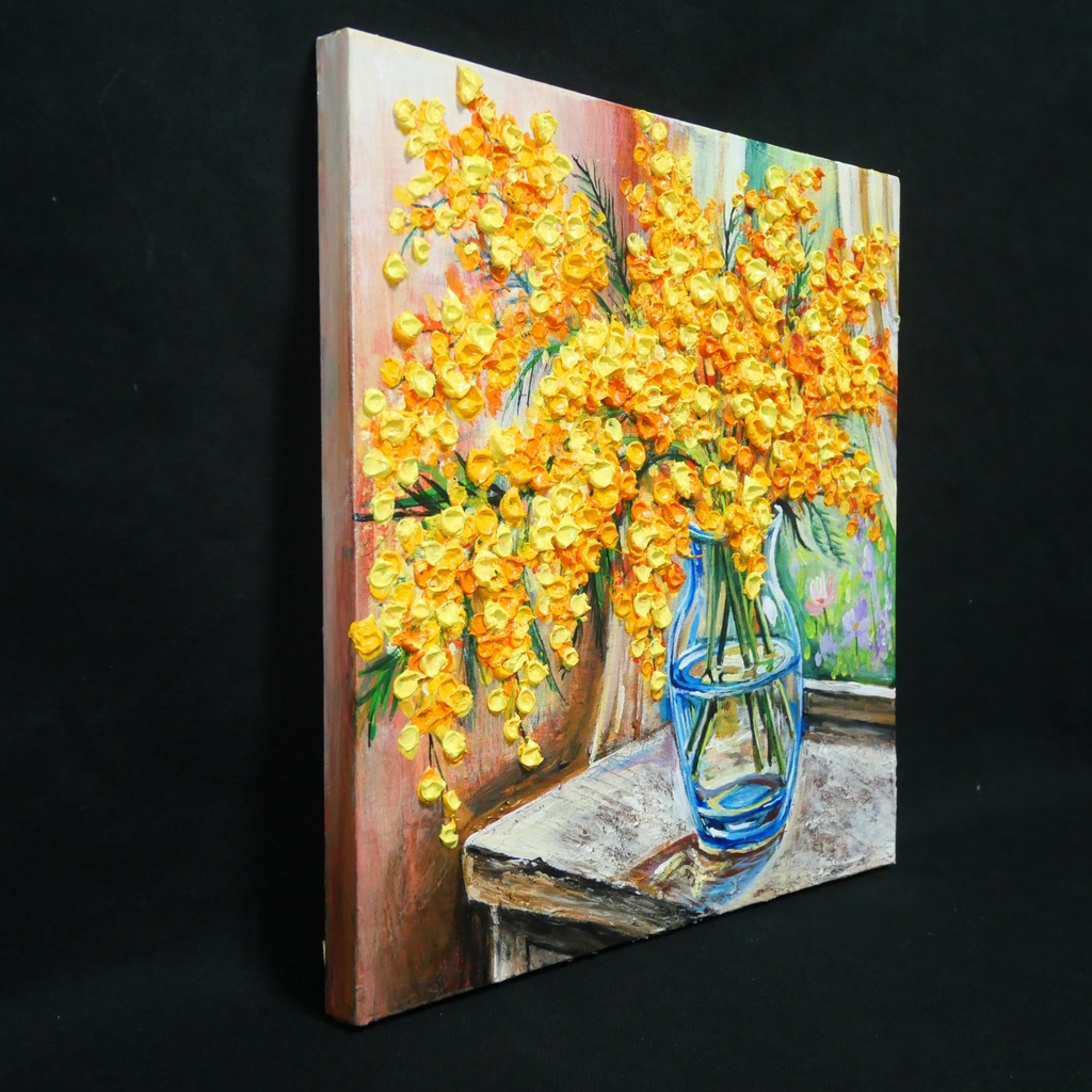 【原画】【幸運を運ぶミモザ】: 玄関やリビングに飾る癒やしの花・油絵 ・油彩画・肉筆・インテリア・一点物