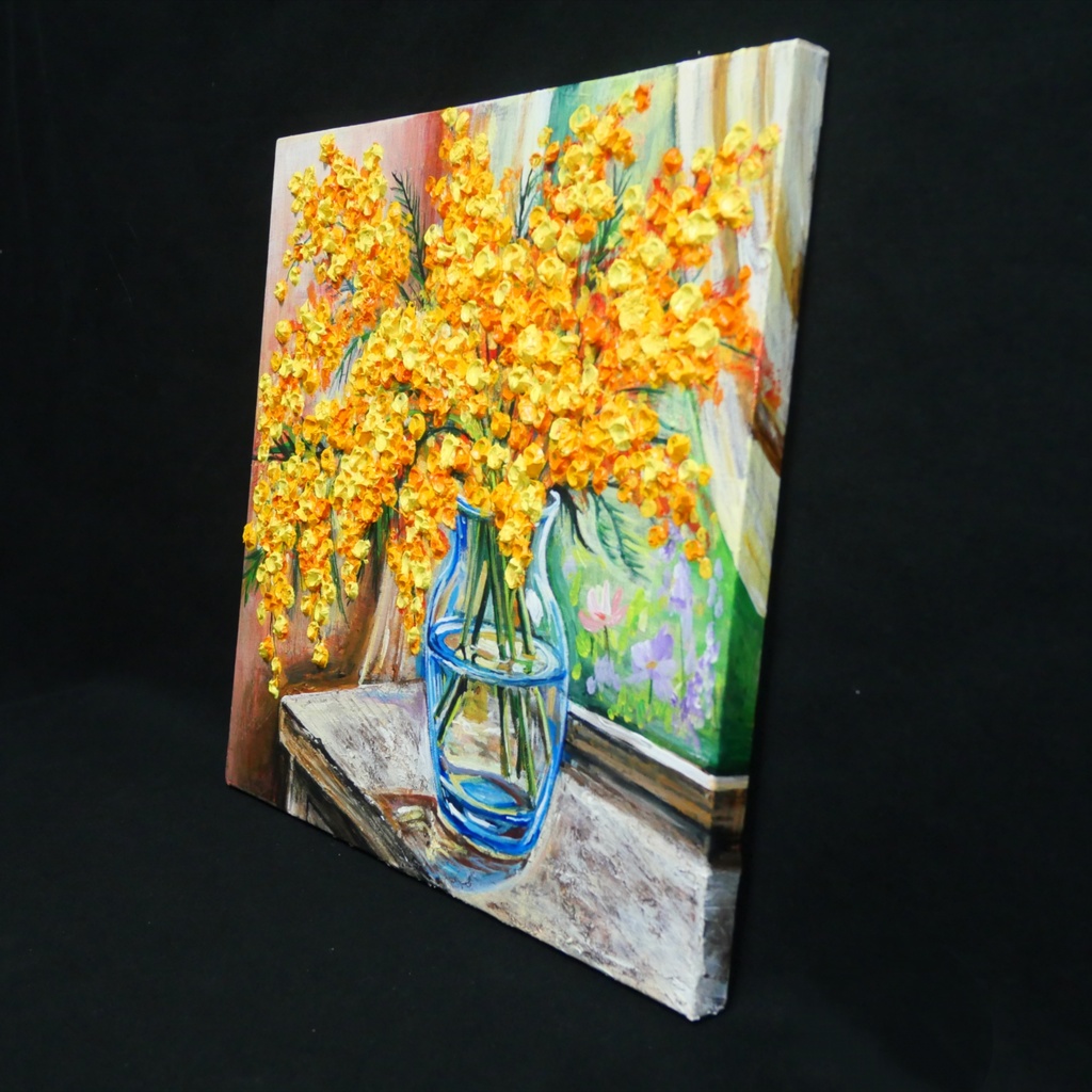 【原画】【幸運を運ぶミモザ】: 玄関やリビングに飾る癒やしの花・油絵 ・油彩画・肉筆・インテリア・一点物