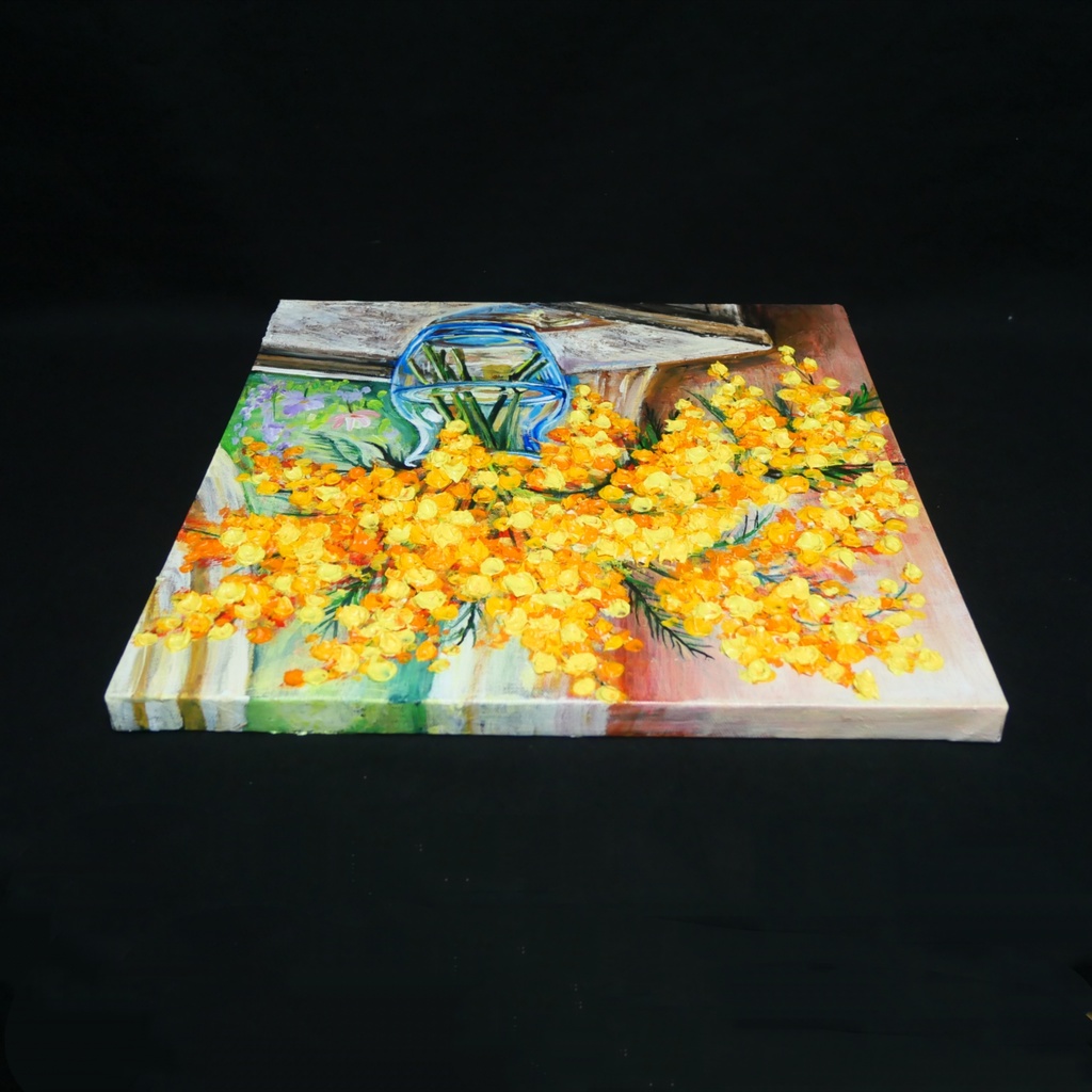 【原画】【幸運を運ぶミモザ】: 玄関やリビングに飾る癒やしの花・油絵 ・油彩画・肉筆・インテリア・一点物