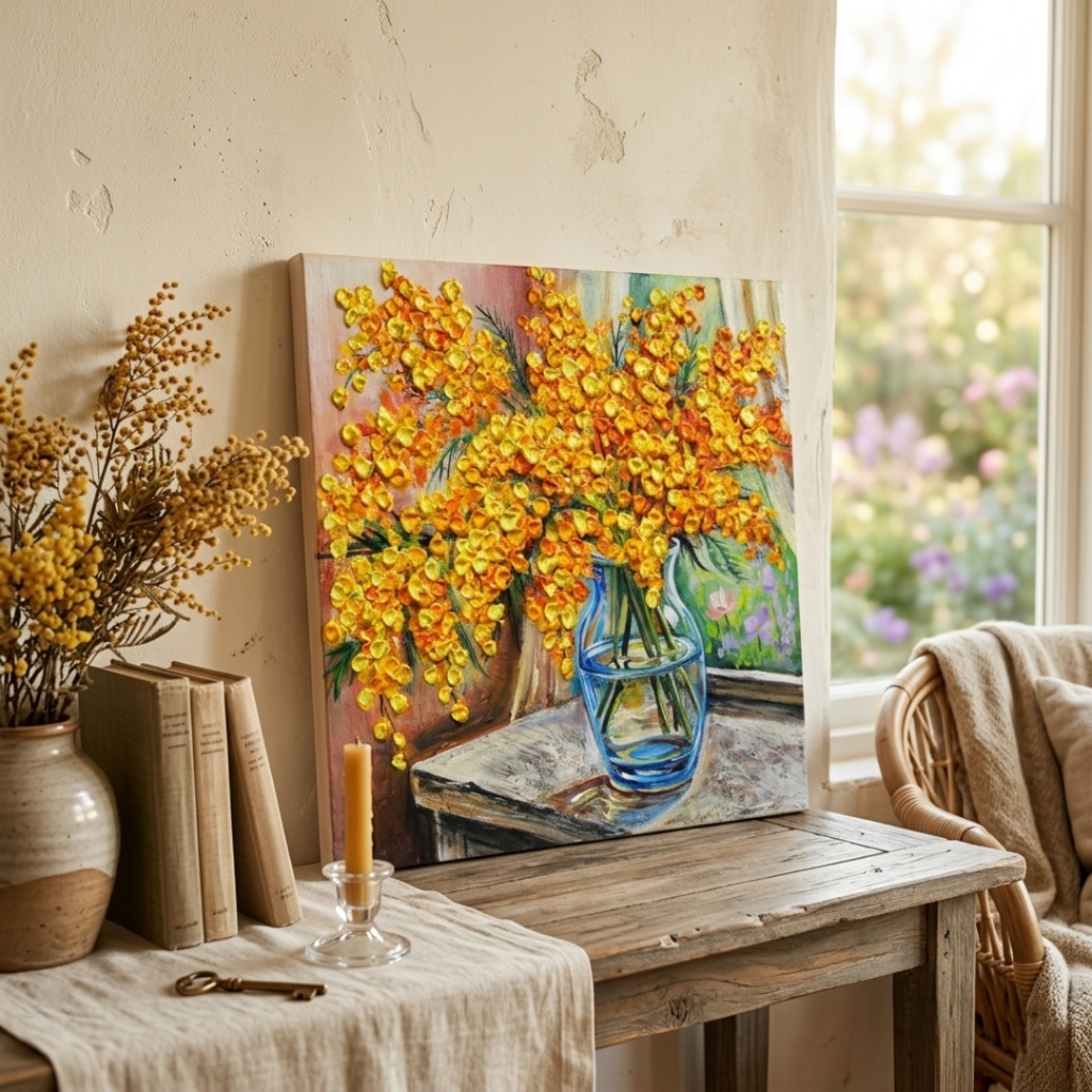【原画】【幸運を運ぶミモザ】: 玄関やリビングに飾る癒やしの花・油絵 ・油彩画・肉筆・インテリア・一点物
