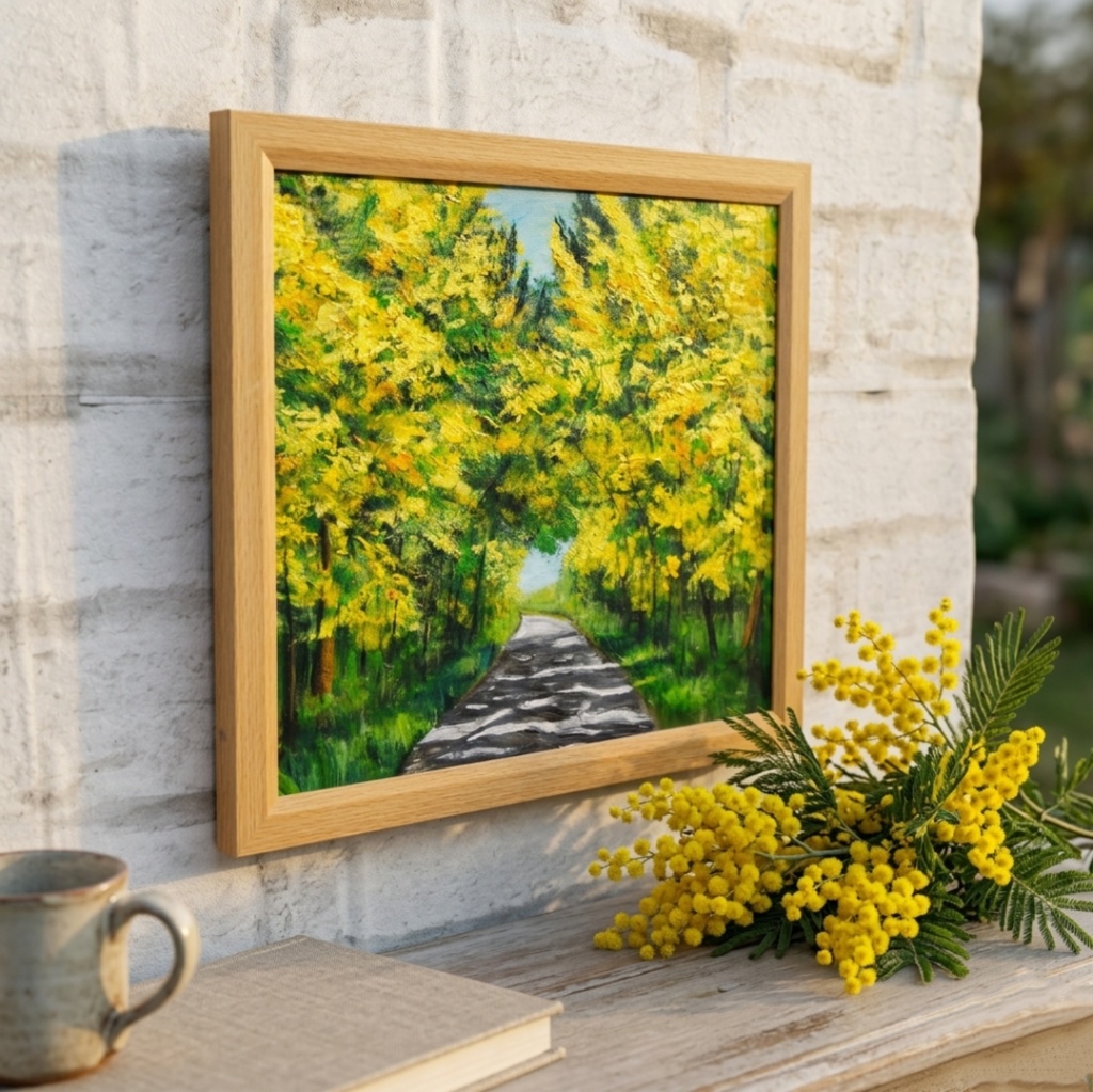 【一点物】【原画】幸せを運ぶミモザ並木:光のトンネルを抜けて(油彩画)(額装済)