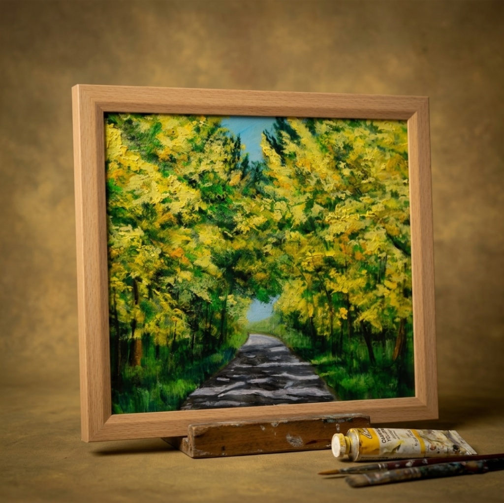 【一点物】【原画】幸せを運ぶミモザ並木:光のトンネルを抜けて(油彩画)(額装済)