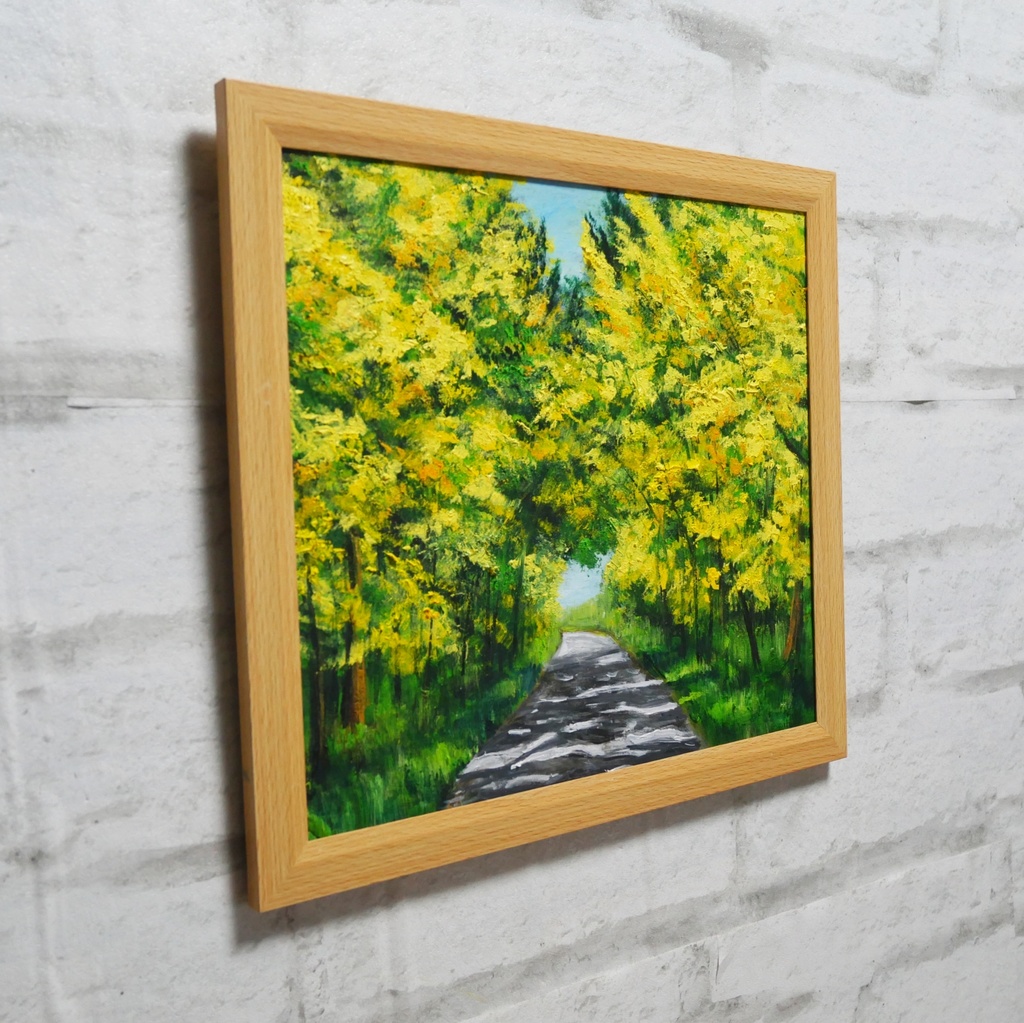 【一点物】【原画】幸せを運ぶミモザ並木:光のトンネルを抜けて(油彩画)(額装済)