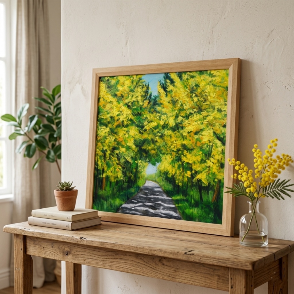 【一点物】【原画】幸せを運ぶミモザ並木:光のトンネルを抜けて(油彩画)(額装済)