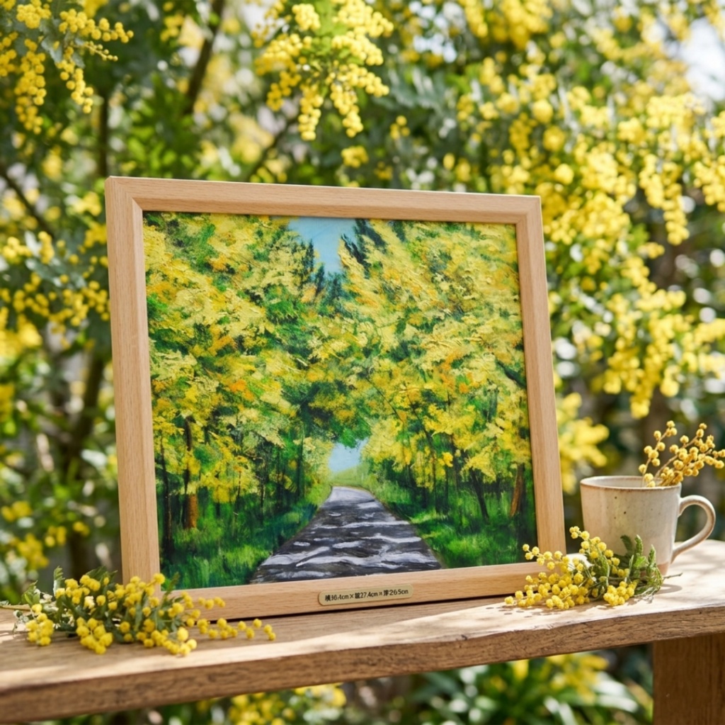 【一点物】【原画】幸せを運ぶミモザ並木:光のトンネルを抜けて(油彩画)(額装済)