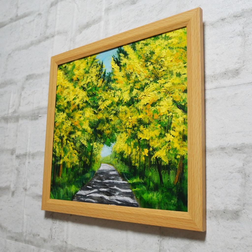 【一点物】【原画】幸せを運ぶミモザ並木:光のトンネルを抜けて(油彩画)(額装済)